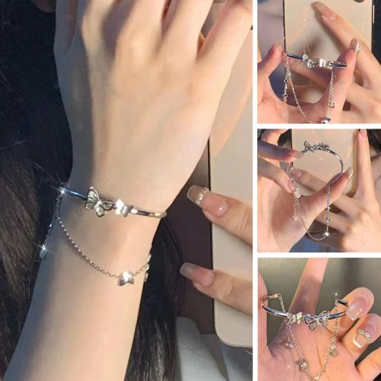 Women Bracelet Chain Opening Decor Adjustable Half Bangle Tassel Butterfly Pendant Solid Color Stainless Polished