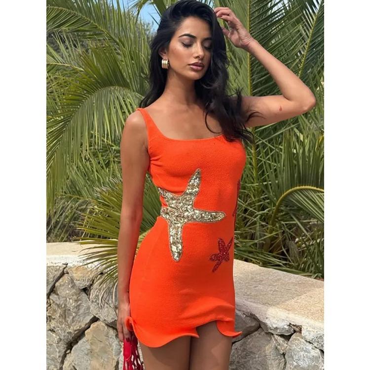 Потрясающее блестящие звезды оборки по подолу трикотажное мини-платье женское шикарное облегающее без рукавов слинг Vestidos 2025 женские уличные платья новые