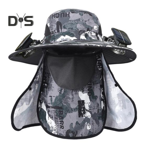 Wide Brim Sun Hat with 2 Solar Fan UV Protection Bucket Hat with Neck Flap And Face Guard 3 Speed Adjustable Fan Hat for Outdoor Fishing Camping