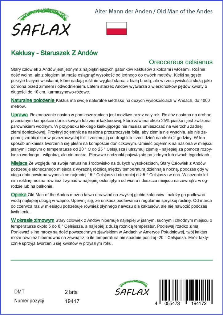SAFLAX Garden in the Bag - Old Man of the Andes - 40 семян - С субстратом в подходящем пакете - Oreocereus celsianus