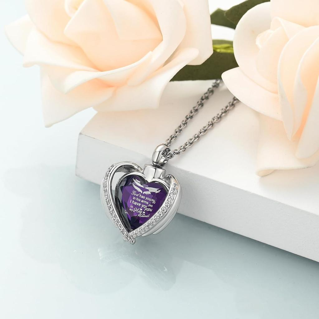 shajwo Cremation Jewelry Angel Wing Heart Urn Ashes Necklace for Women Men Birthstone Loved One Memorial Pendant