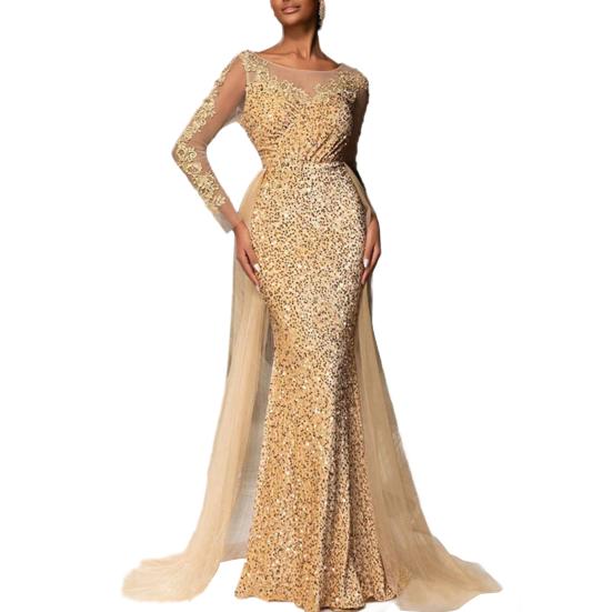 Женское вечернее платье с пайетками, кружевное облегающее платье макси с длинными рукавами, блестящее платье длиной до пола с сетчатым лоскутным узором для коктейльных свадебных вечеринок