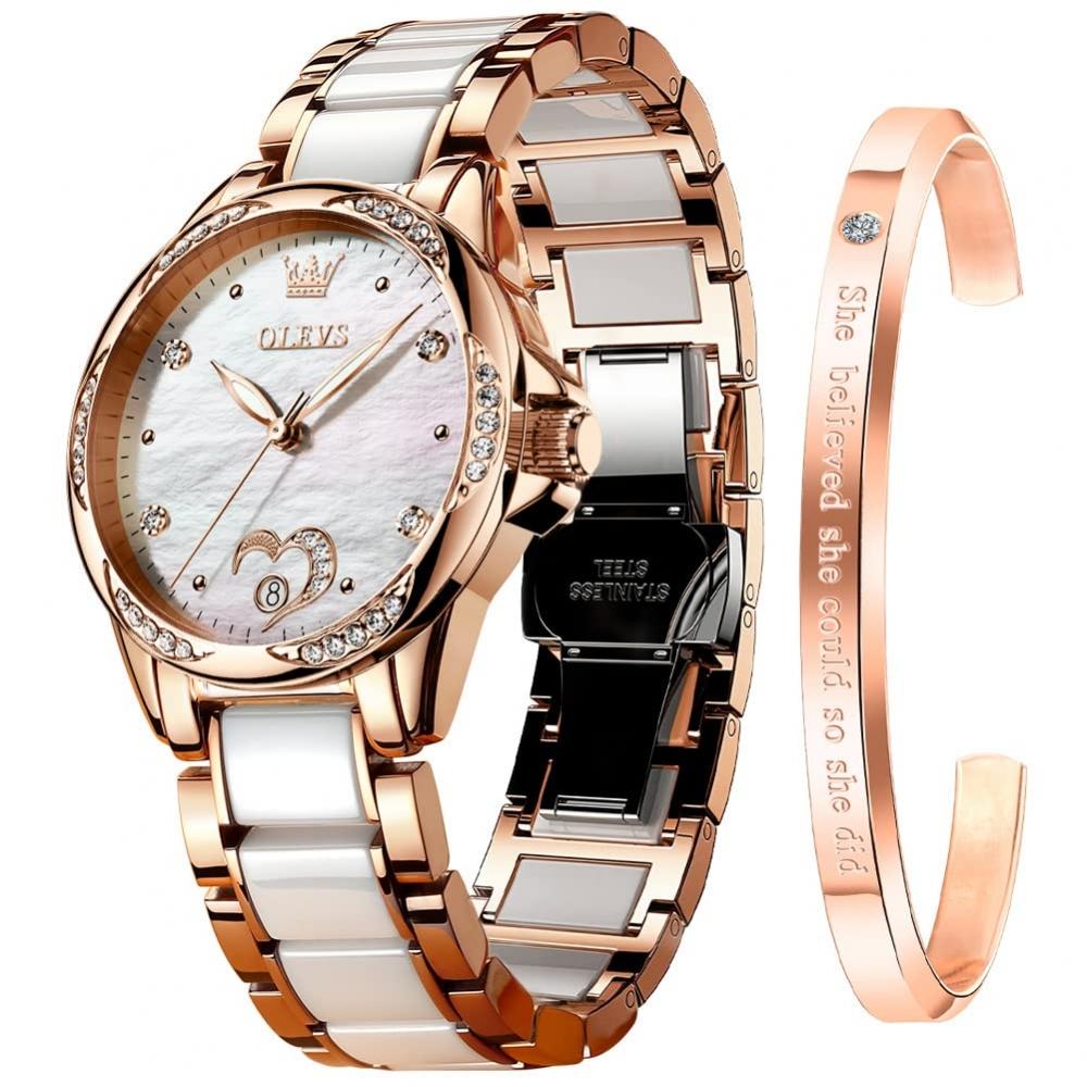 OLEVS Women's Watch Popular Hand Watch Women's Waterproof Ceramic Pink Gold Mechanical Date Bracelet Present Women White Watch for Women