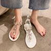 Hongtong | Korean Version of Flat-bottomed Rhinestone Sandals for Women, Summer New Fairy Wind Toe Large Size Beach Cool Slippers for Women