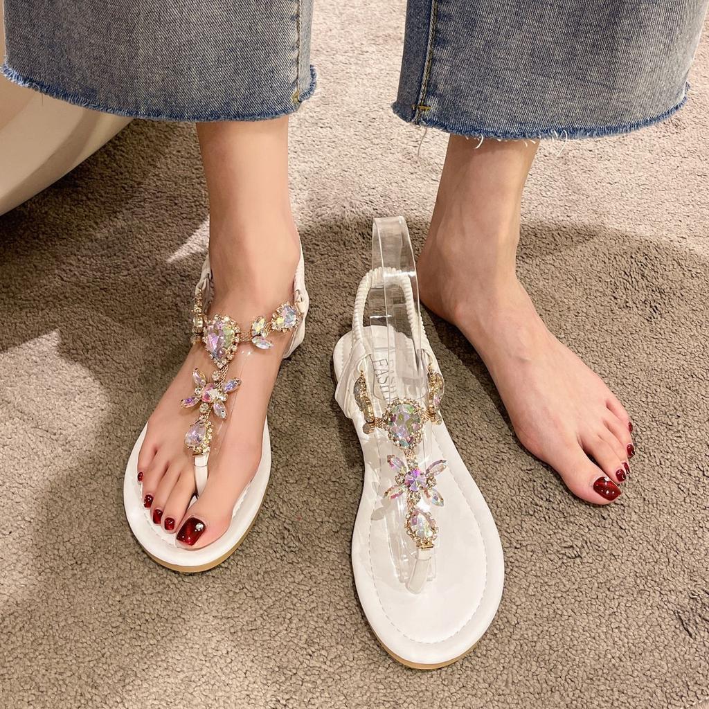 Hongtong | Korean Version of Flat-bottomed Rhinestone Sandals for Women, Summer New Fairy Wind Toe Large Size Beach Cool Slippers for Women