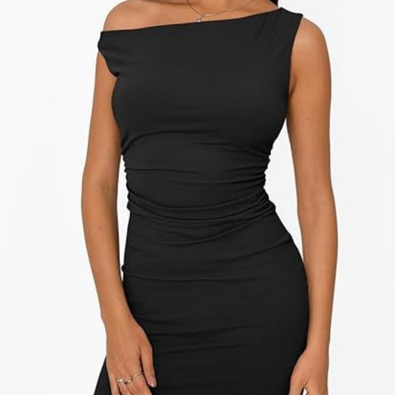 Women's off-shoulder neckline, gathered waist sleeveless bodycon dress