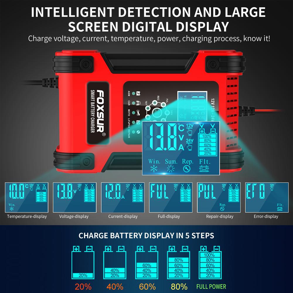 12 В 24 В автомобильное зарядное устройство для литиевых AGM гелевых свинцово-кислотных аккумуляторов 7-ступенчатый автоматический ремонт ЖК-адаптер питания