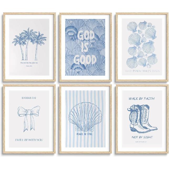 6 Pcs Coastal Christian Wall Art Blue Seashell Scripture Quote Wall Decor Pictures Coastal Granddaughter Preppy Religion Aesthetics Posters Prints