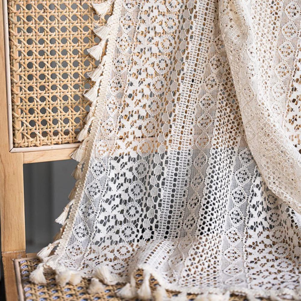 Tassels Cotton Curtain Beige Hollow Curtain Romantic Crochet Curtain  Drapes