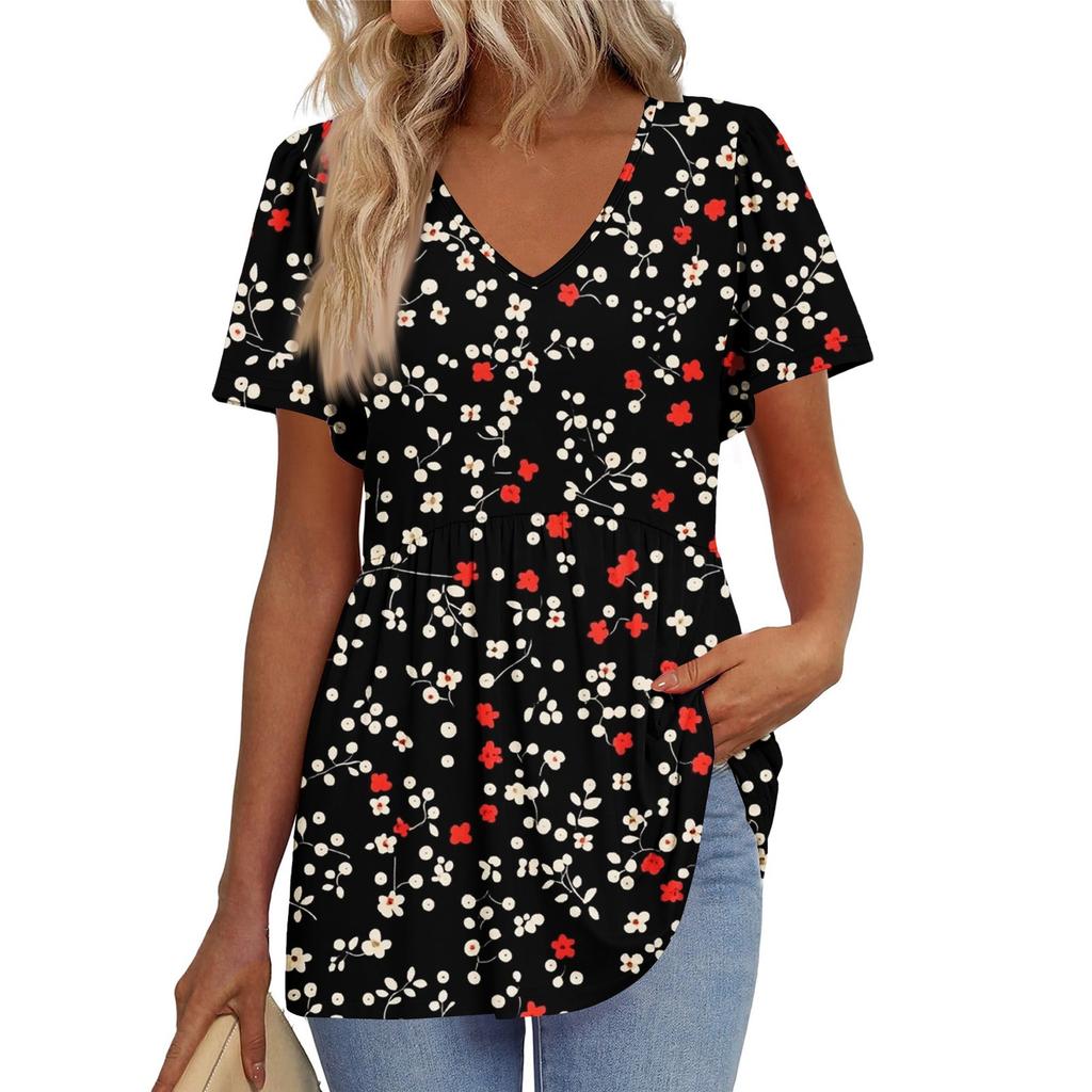 Women's Loose Casual Print V-Neck Short Sleeved T-Shirt Top Short Sleeved T-Shirt Top