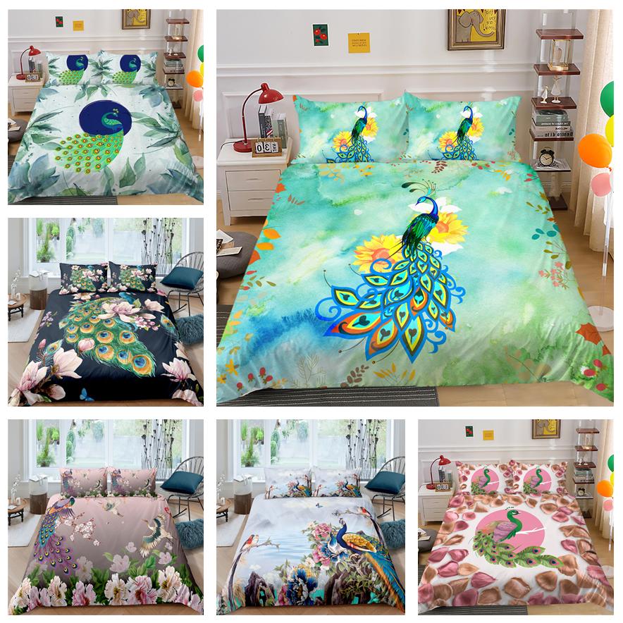 Комплект постельного белья из серии 3D животных с павлиньим пером, пододеяльник и наволочка, 2/3 предмета, AU/DE/US, полный размер, моющееся украшение для дома