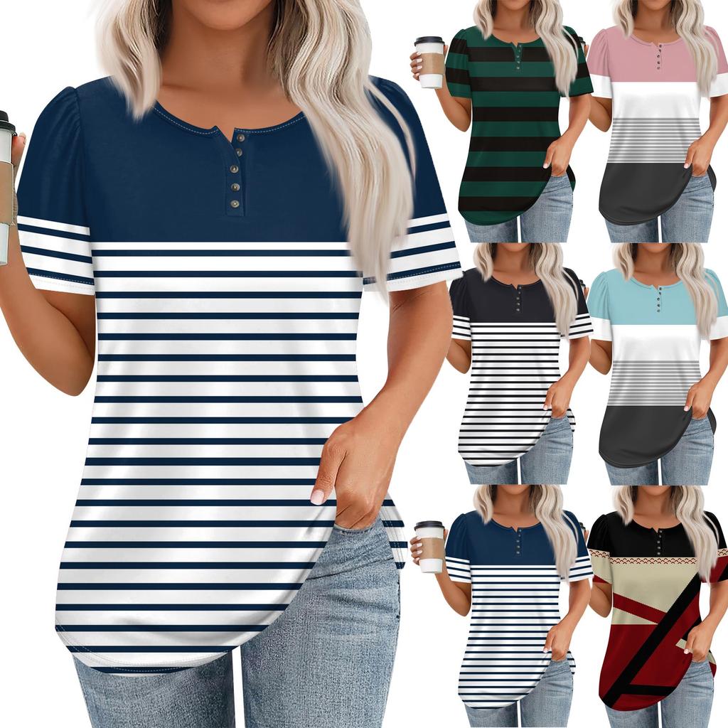 Женский модный повседневный короткий рукав пуловер с принтом на пуговицах и круглым вырезом