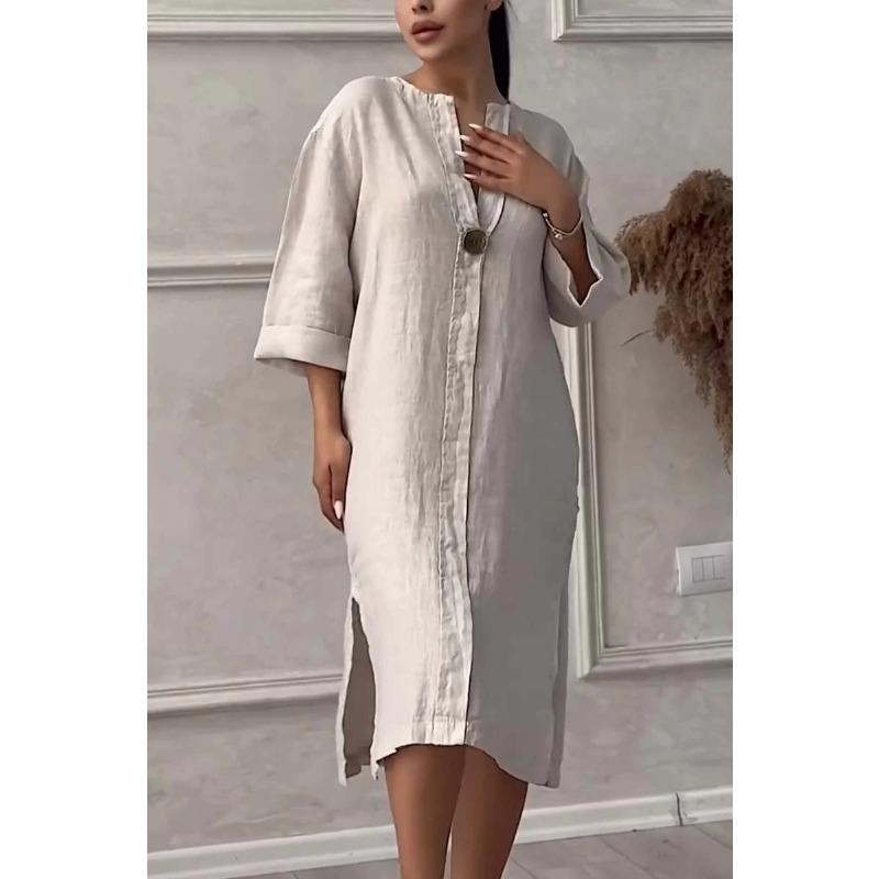 Summer Women's Dress Plus Size Solid Colour Casual Round Neck Button Long Dresses
