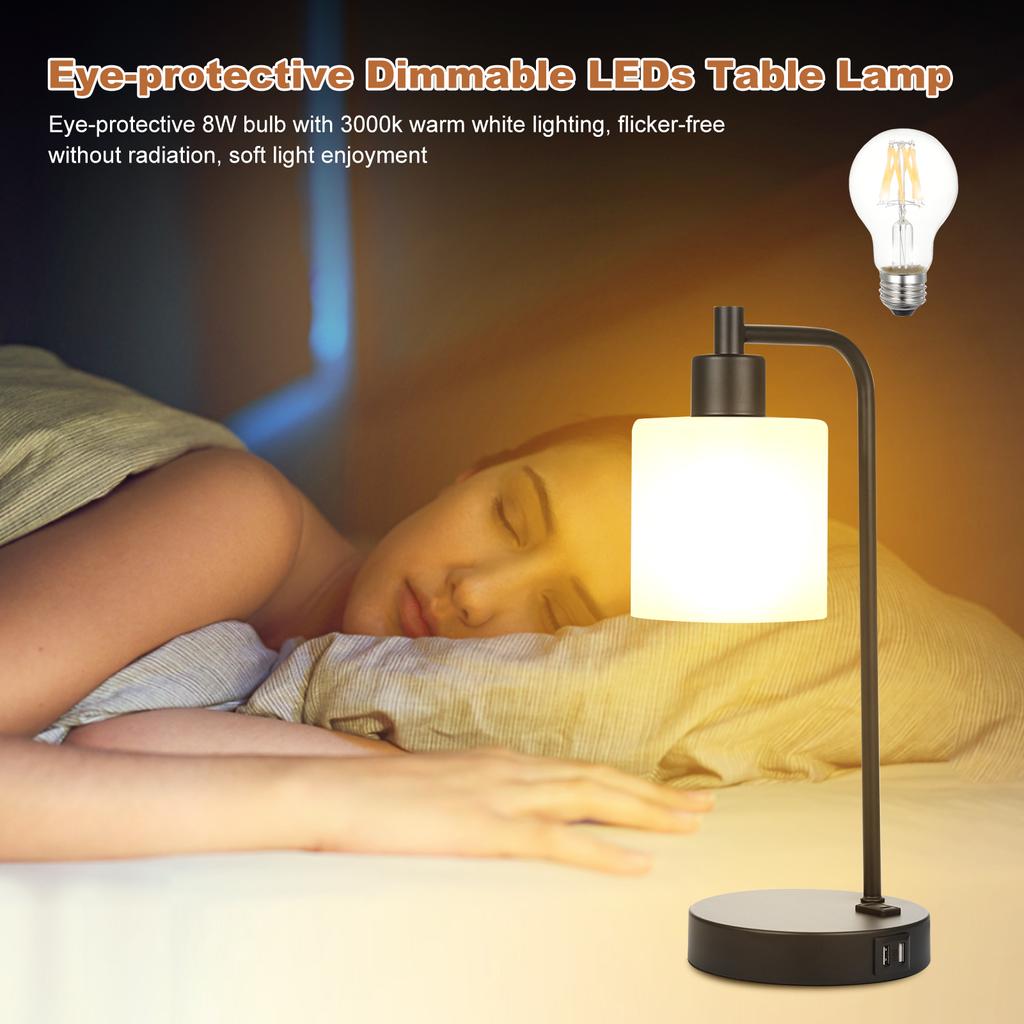 Industrial Table Light Vintage  Desk Lamp Bedside Nightstand Light with 2.1A USB Ports AC Port
