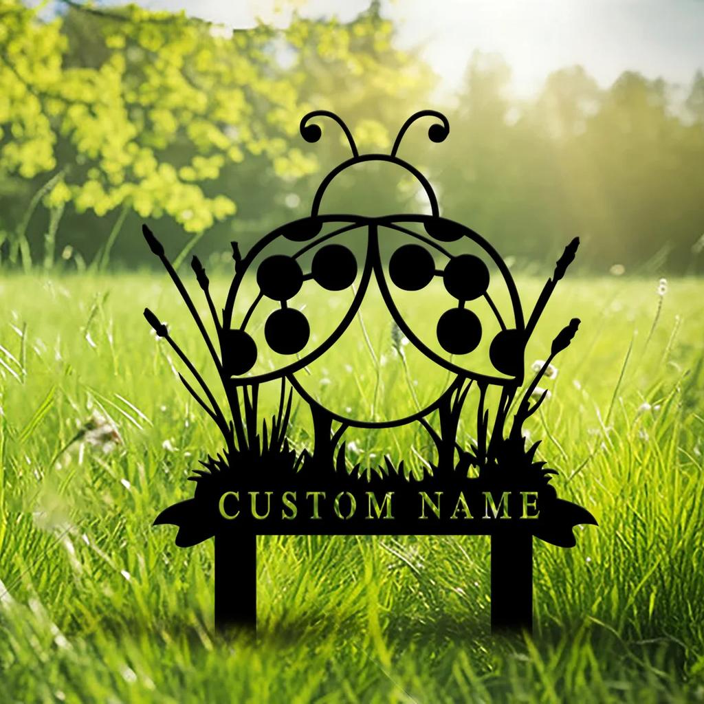 Metal Garden Stake Decor Personalized Ladybugs Outdoor Ornament