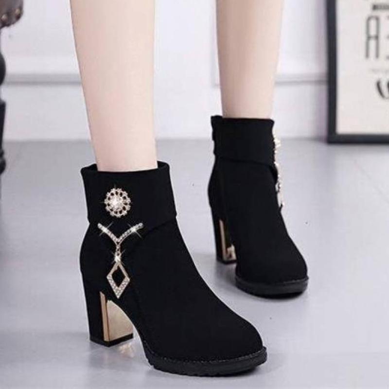 Fashion Black Suede Rhinestone Heeled Woman Short Shoes Round Toe Autumn Winter Warm Ankle Boots for Women High Quality Y2k Booties Sale