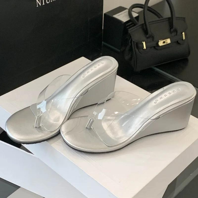 Модные Eilyken Модные Прозрачные ПВХ Женские Шлепанцы с Круглым Носком на Клину Дизайнерские Туфли на Высоком Каблуке Шлепанцы Женская Обувь