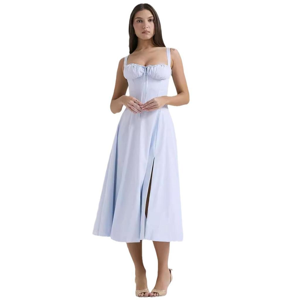 Женские летние платья с цветочным принтом, милое элегантное праздничное платье миди, повседневные синие платья с разрезом на шнуровке 2024