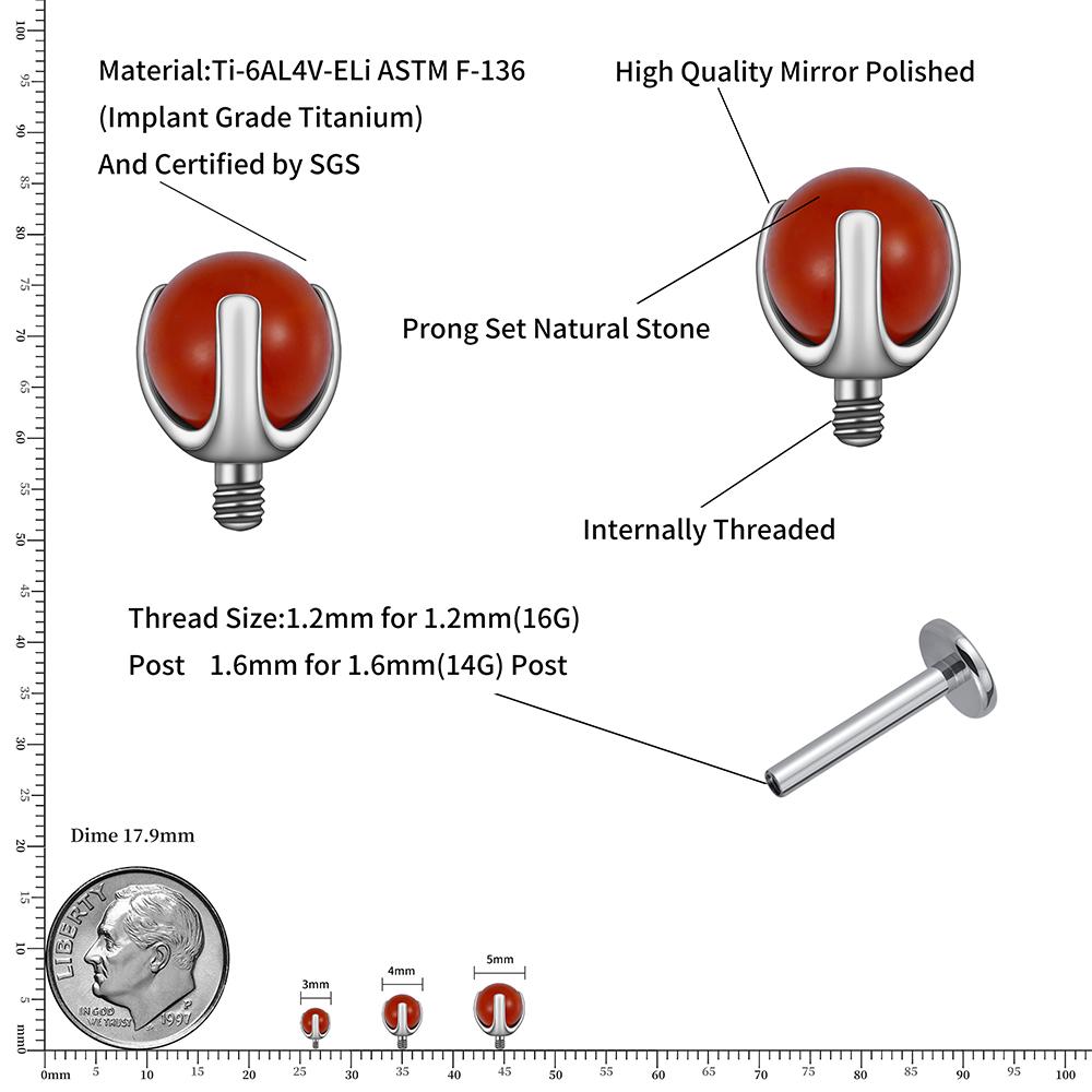 Right Grand ASTM F136 Titanium Internally Threaded Natural Stone Top for 14G 16G Labret Lip Stud Nipple Piercing Body Jewelry