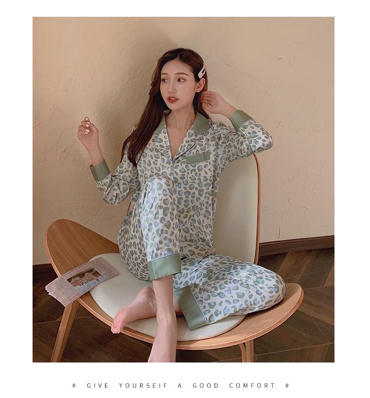 Женский пижамный комплект из шелка с зеленым леопардовым принтом - Длинный рукав и брюки - Легкий сатин для осени и весны