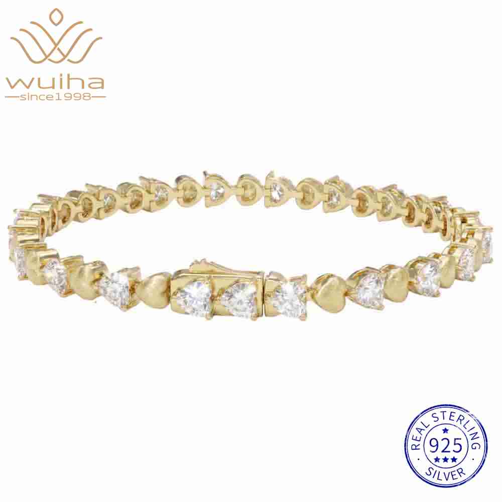 WUIHA Vintage 100% 925 Sterling Silver 4 * 4 MM Heart Cut GRA Real Moissanite Diamonds Tennis Bracelet Bangle Fine Jewelry