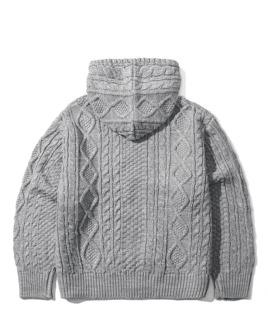 TRILLION Washable Aran Cable Hooded Zip-Up Knit (Melange Gray)