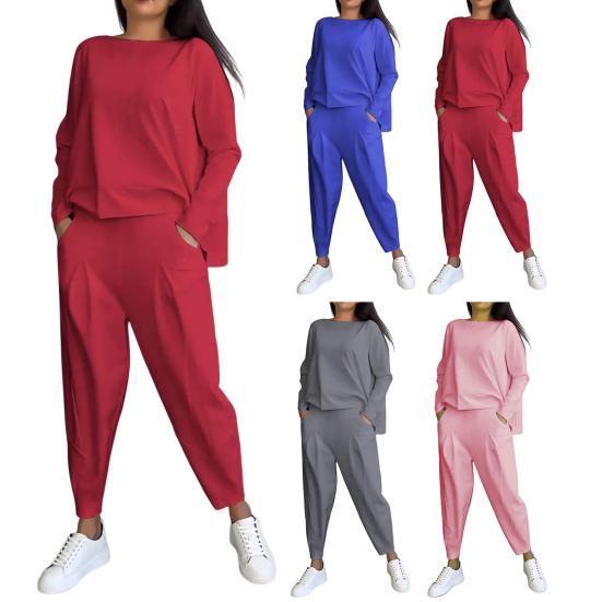 2 Pcs/Set Fall Spring Women Top Pants Set Long Sleeves O Neck T-shirt Elastic Waist Trousers with Side Pockets OL Commuting Sport Pantsuit Outfit
