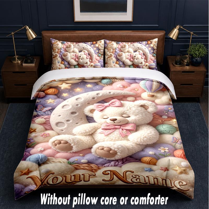 Teddy Bear Theme Custom Text Or Name 3Pcs Bedding Set,1 Flat Sheet & 2 Pillowcases Personalized Home Bedding