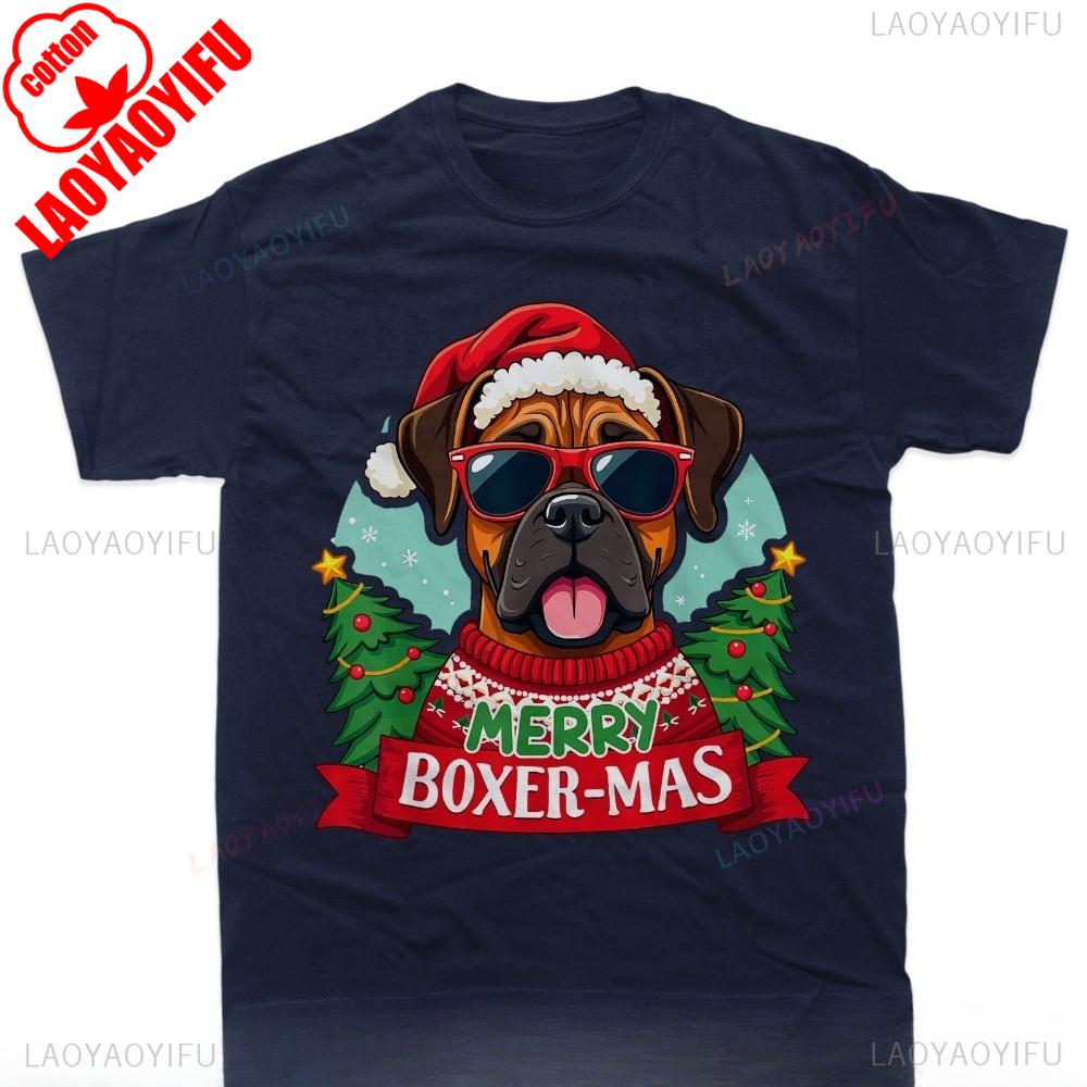 Merry BoxerMas Cute Boxer Dog Christmas TShirt Streetwear Printed TShirt Top ONeck ShortSleeve Tees Streetwear