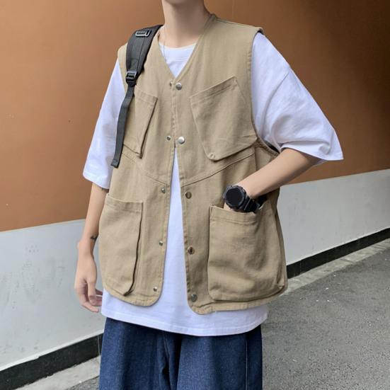 Мужской жилет-карго без рукавов, однобортный дизайн с карманами, спортивный однотонный жилет, уличная уличная одежда