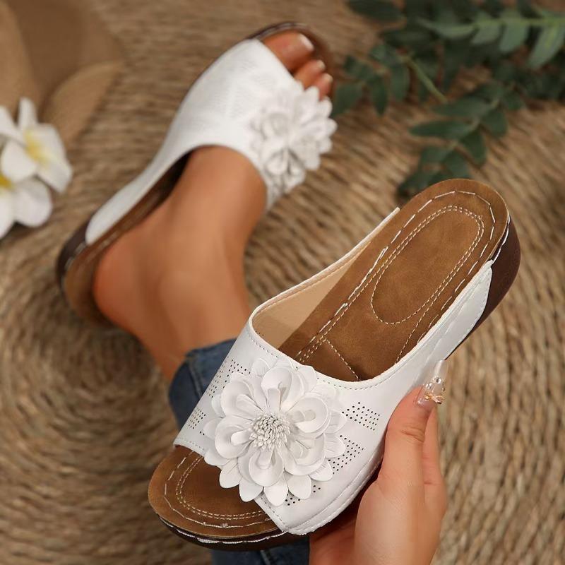 Large Size Women's Shoes Spring and Summer New Cross-border Slope Heel Thick-soled Fish Mouth Slippers Outer Slippers Flower Decoration