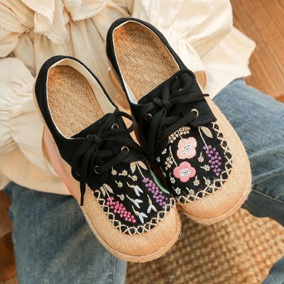 Женские туфли в этническом стиле в стиле ретро с вышивкой, на плоской подошве, с ремешком, на весну и лето, с круглым носком, повседневные туфли из хлопка и льна