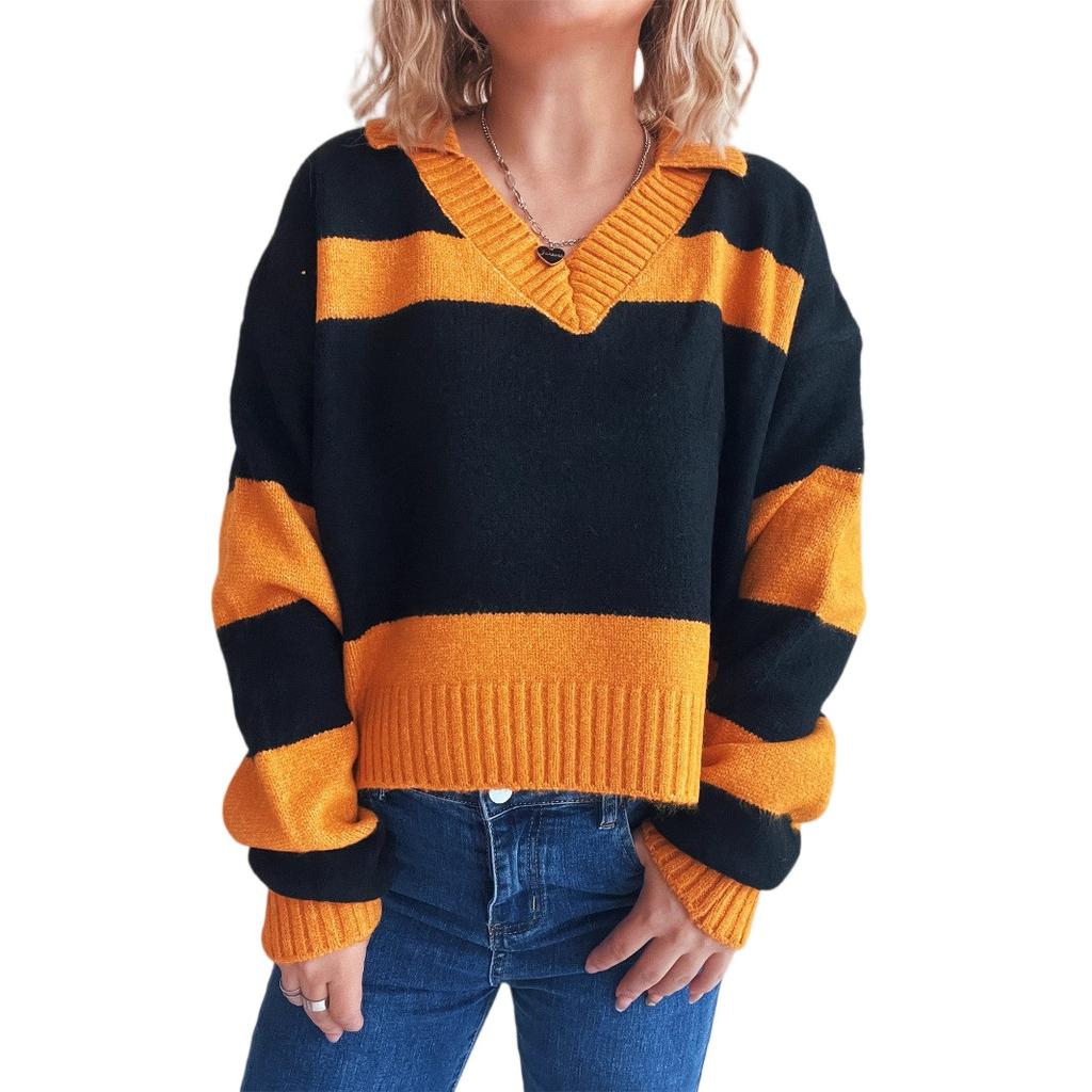 Women's Contrasting Striped Knitted Lapel Long Sleeved Pullover Sweater Top