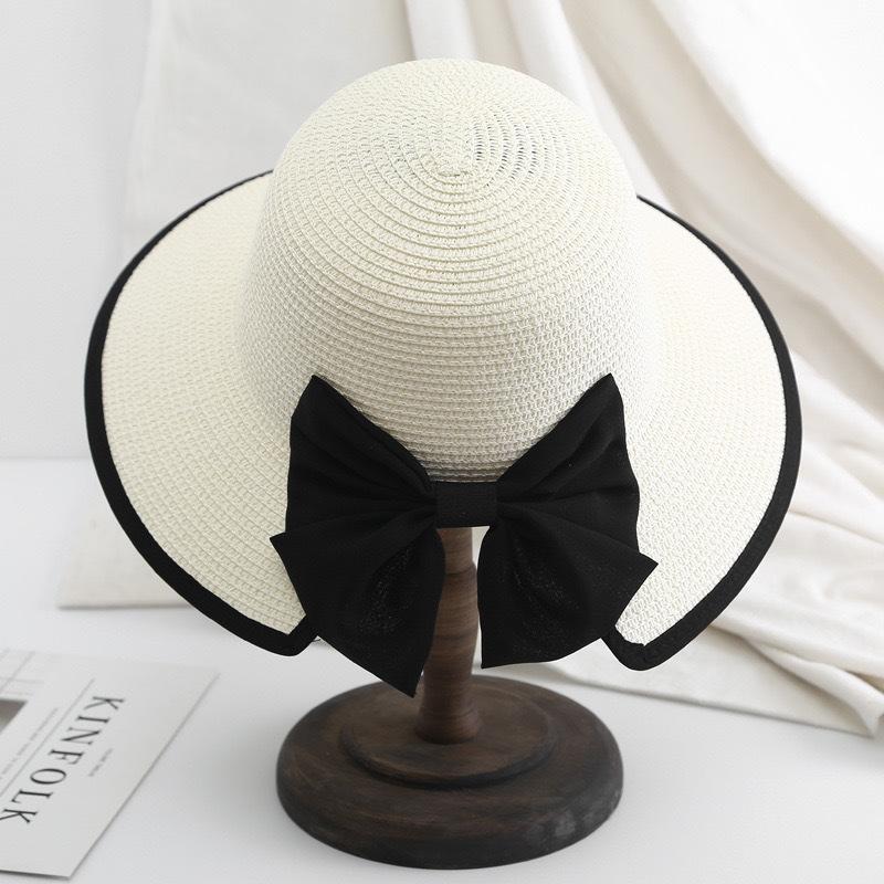 Korean Version Summer Sunscreen Floppy Raffia Straw Hat with Large Bow and Open Ponytail Foldable Casual Character Style Unisex