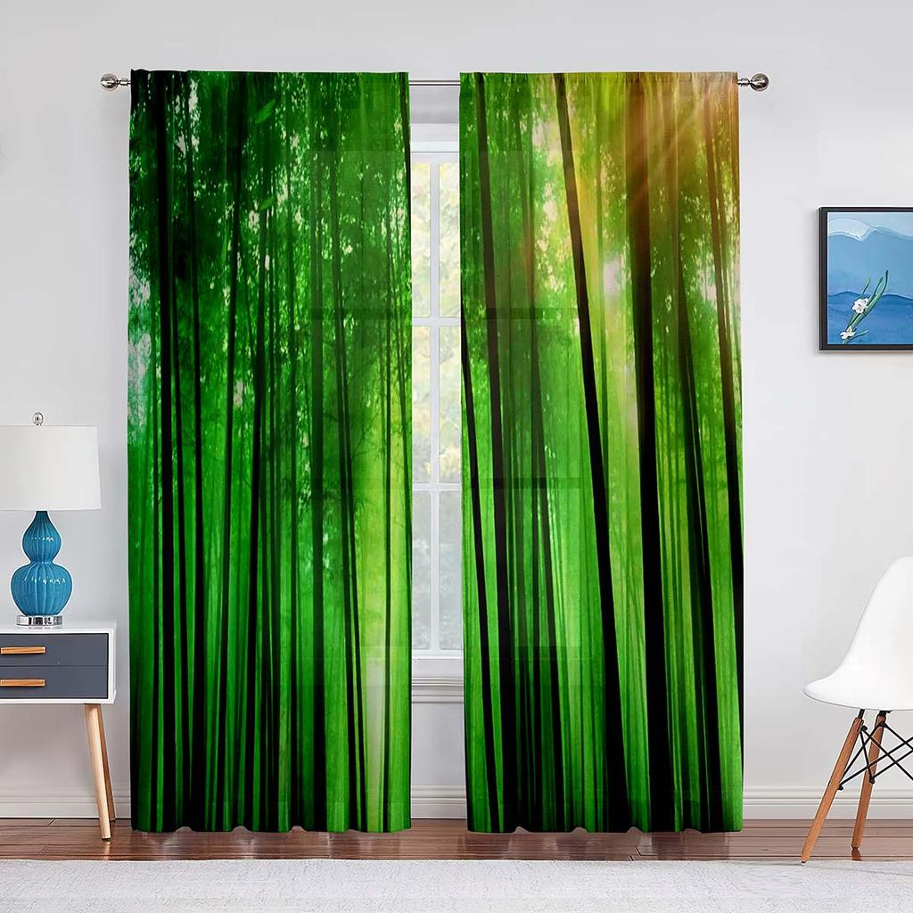 Green Bamboo Forest Exotic Jungle Sheer Voiles Curtain for Living Room Bedroom Drape Kitchen Window Tulle Curtains Home Decor