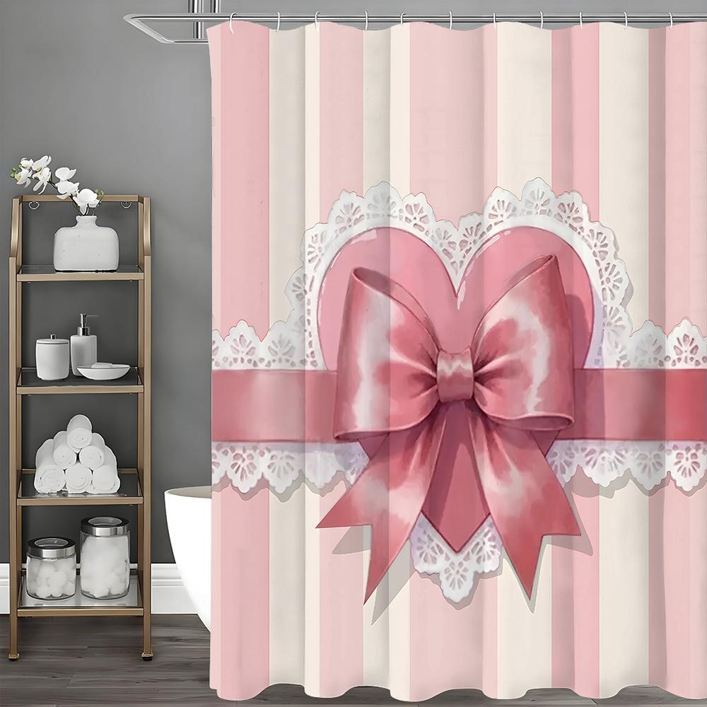 Pink Bow Lace Gift Shower Curtain, Bathroom Decorative Shower Curtain, Waterproof Shower Curtain with Hooks