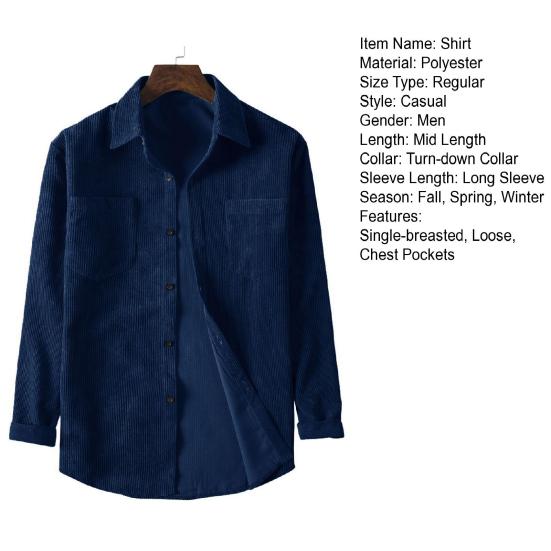 Men Corduroy Shirt Turn-down Collar Single-breasted Solid Color Loose Cardigan Retro Style Mid Length with Chest Pockets Top for Daily Wear Commuting