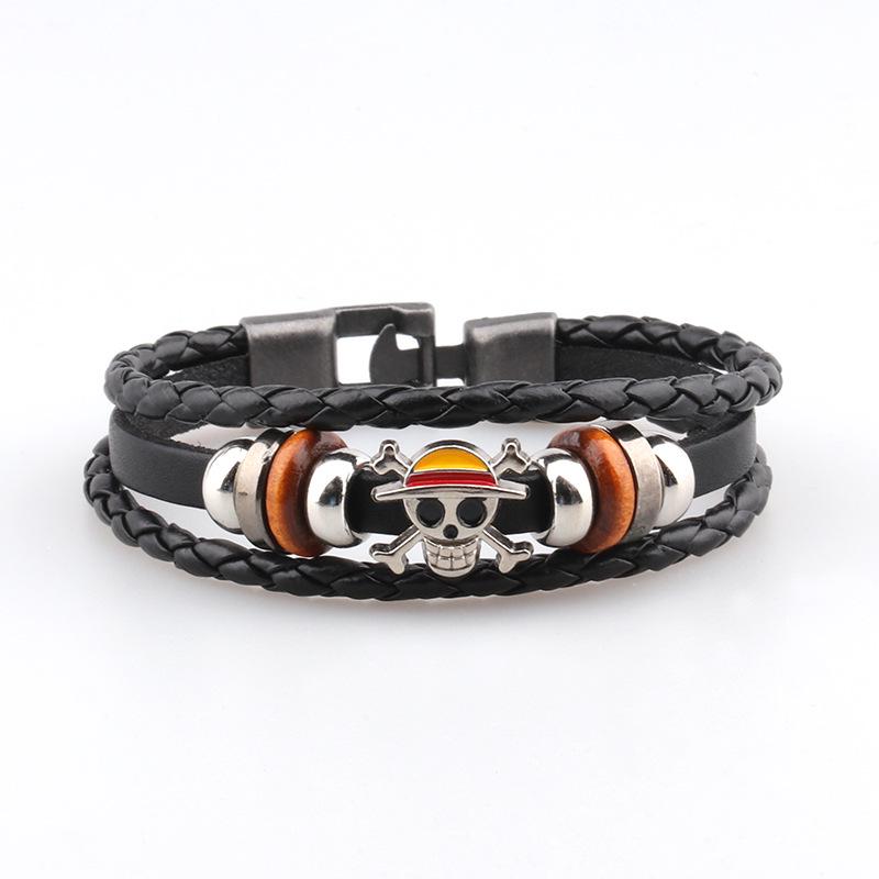 One Piece Луффи Мужской кожаный браслет с черепом и деревянными бусинами