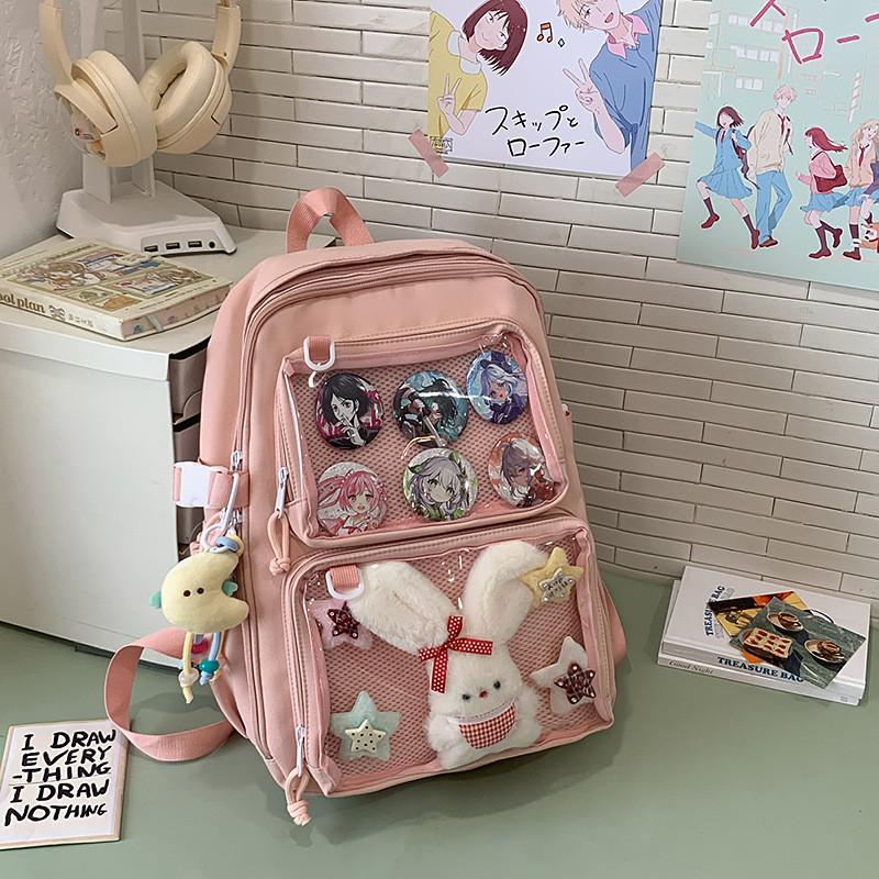 Anime Inspired Transparent Backpack With Pendant And Badge For Students And Daily Use