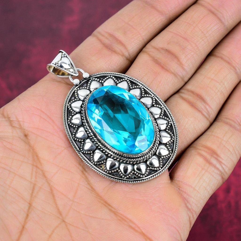Подвеска с голубым топазом, ювелирные изделия из цельного серебра 925 пробы с драгоценными камнями, подвеска ручной работы, на День благодарения