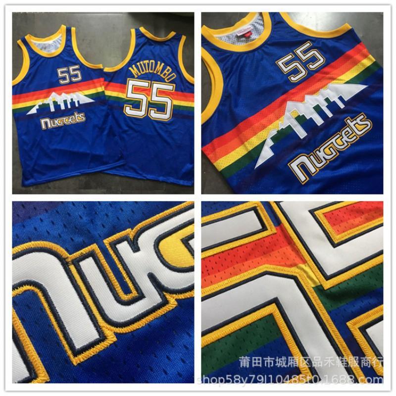 Denver Nuggets 55 Dikembe Mutombo Rainbow Blue Embroidered Basketball Jersey Cotton Sportswear Men Women