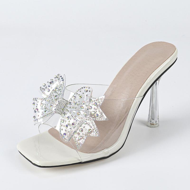 Модные прозрачные ПВХ шлепанцы Liyke для женщин, хрустальные стразы, бантик, высокие каблуки, прозрачные сандалии, модный квадратный носок, обувь для вечеринок и выпускного вечера