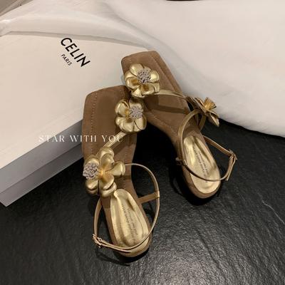 Овчина~ Красивые сандалии для летней носки Женские сандалии с цветочной перемычкой для пальцев и толстым каблуком