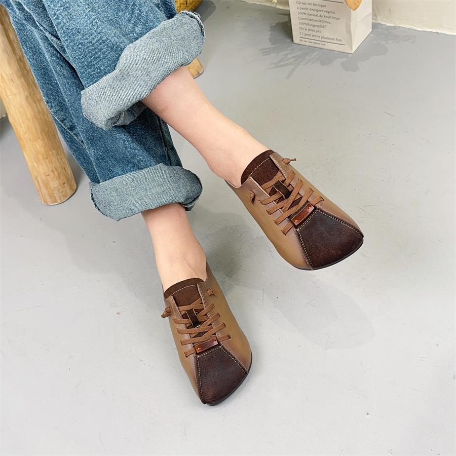 Johnature Retro Handmade Genuine Leather Comfortable Super Toe Soft Sole Casual Women's Flat Shoes