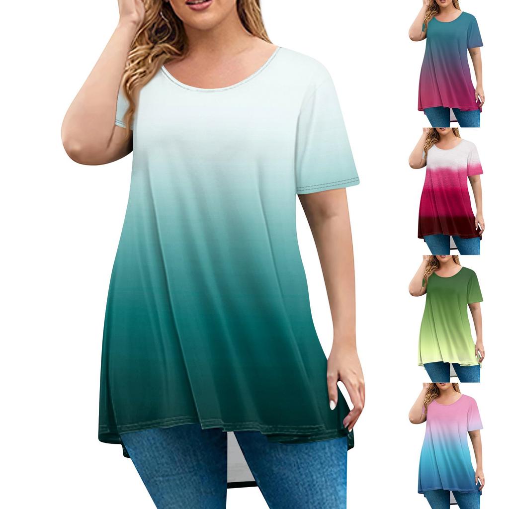Women's Fashion Large Size Round Neck Short Sleeve Casual Print Loose Pullover Top