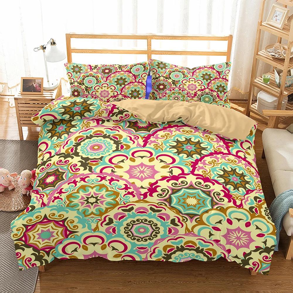 Богемный комплект постельного белья Мандала размера Квин-сайз Кинг-сайз Бохо Наборы пододеяльников Для взрослых 2/3 шт. Домашний текстиль Мягкий Удобный Дышащий