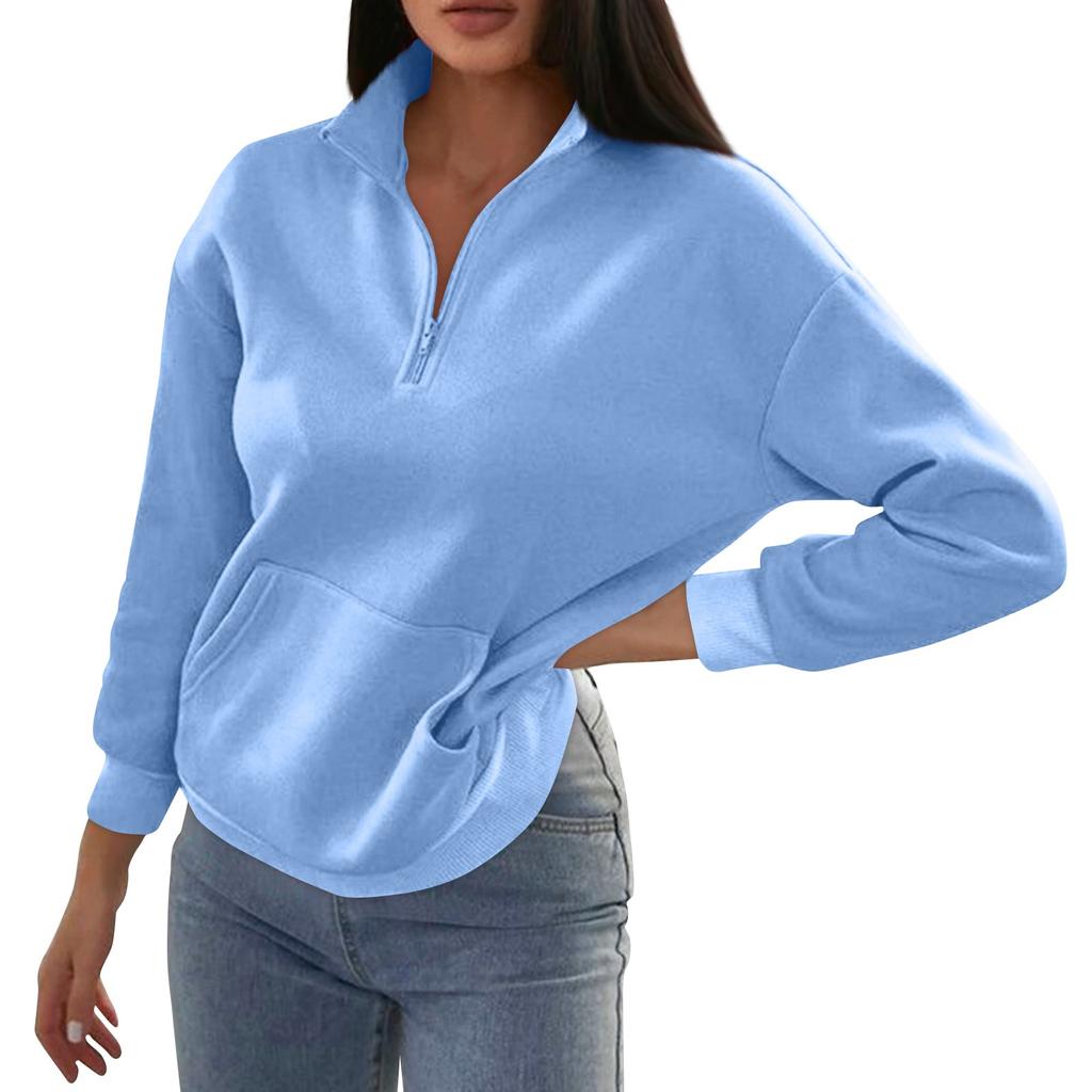 Women's Fashion Autumn And Winter Solid Colour Zipper Pocket Standing Collar Casual Sweatshirt