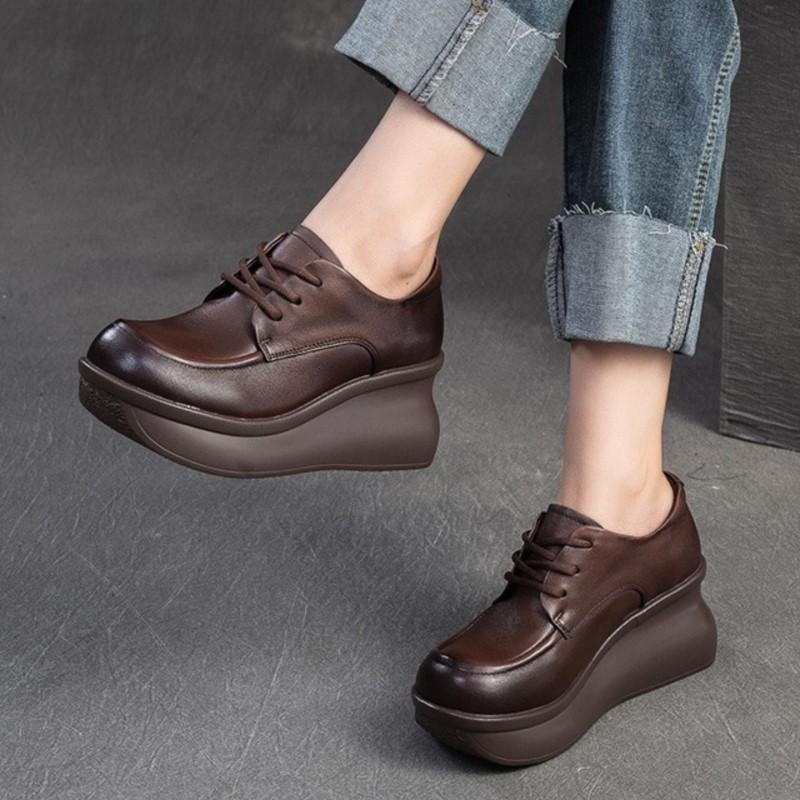 Johnature Genuine Leather Wedges Shoes Versatile Casual Round Toe Thick Soled Women's Platform Shoes
