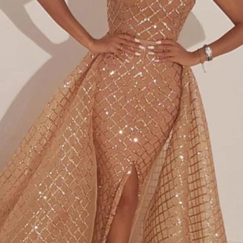 Женское длинное платье с V-образным вырезом, золотым тиснением и пайетками 2025 года