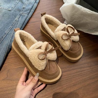 Модная женская обувь на плоской подошве Зимняя новинка Круглый носок Замша Глубокий вырез Узел-бабочка Мягкая подошва Противоскользящая Износостойкая Обувь с низким верхом